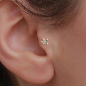 Piercing Tragus Estrela Ouro Sólido 14K / Piercing Hélix Minimalista Flat Back / Brincos Labret Stud / Cartilagem da Bayar Gold