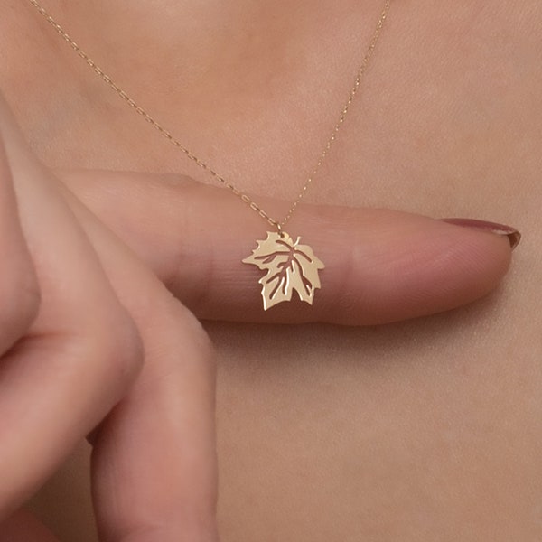 Kleine Ahornblatt-Halskette / 14k Solid Gold-Kettenhalskette mit Blatt-Anhänger / Minimalistischer Naturschmuck, kleine Weihnachtsgeschenke für Frauen
