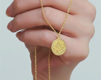 14K Yellow Gold Ottoman Coin Necklace - Rope Twist Chain