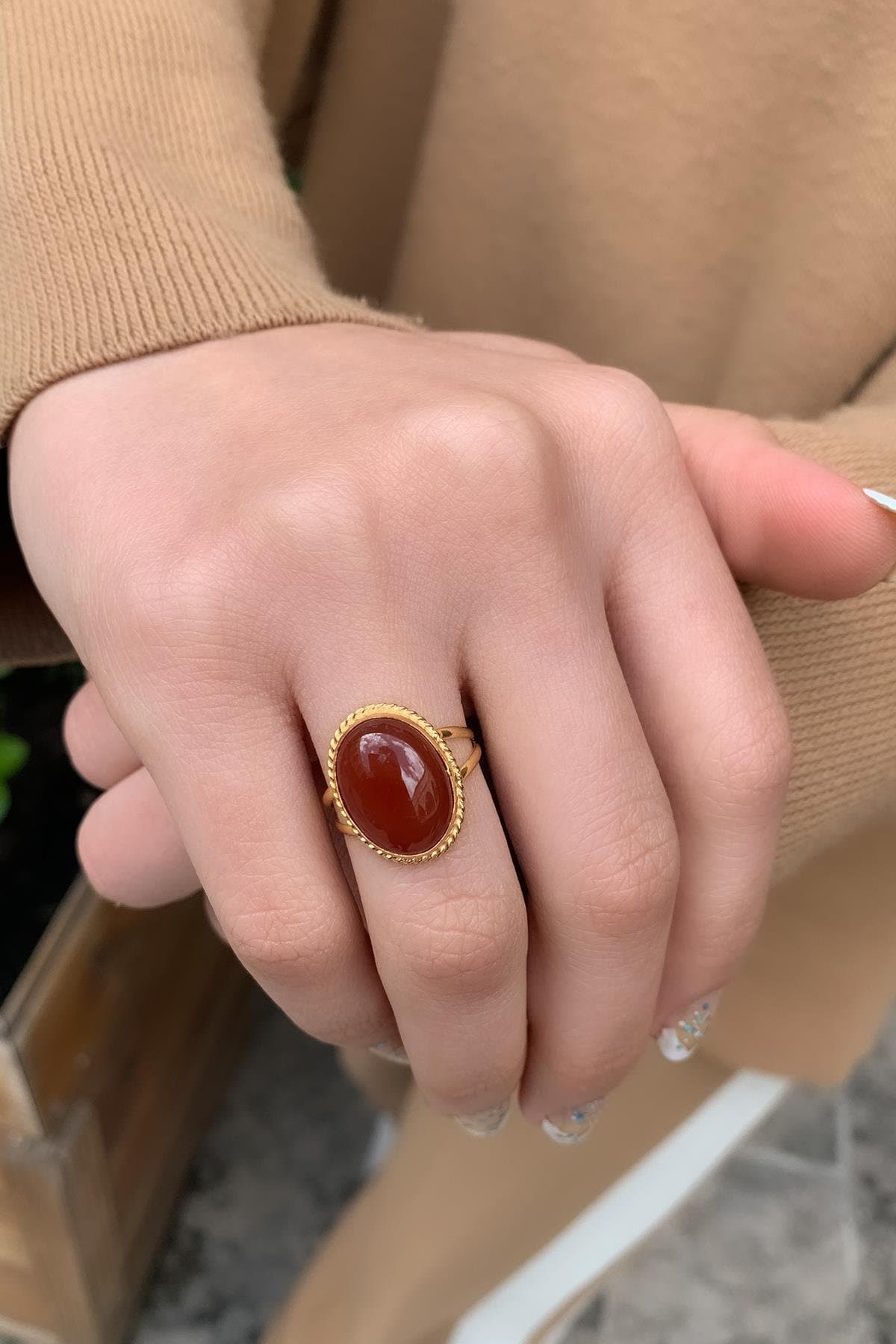14K Solid Gold Agate Stone Ring Handmade Brown Ring Etsy
