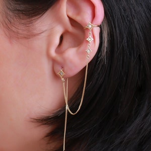 14K Solid Gold Triple Square Threader Earrings