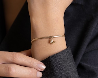 14K Gold Solid Gold Flexible Bracelet with Butterfly Detail, Dainty Bracelet 3MM
