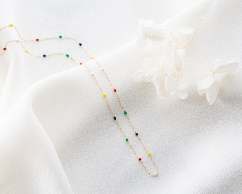 14K Solid Gold Multicolored Rainbow Necklace / Colourful Beaded Necklace / Dainty Chain Necklace / Minimalist Beaded Necklace / Gift for Her image 6