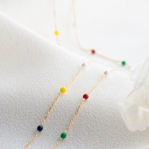 14K Solid Gold Multicolored Rainbow Necklace / Colourful Beaded Necklace / Dainty Chain Necklace / Minimalist Beaded Necklace / Gift for Her image 7
