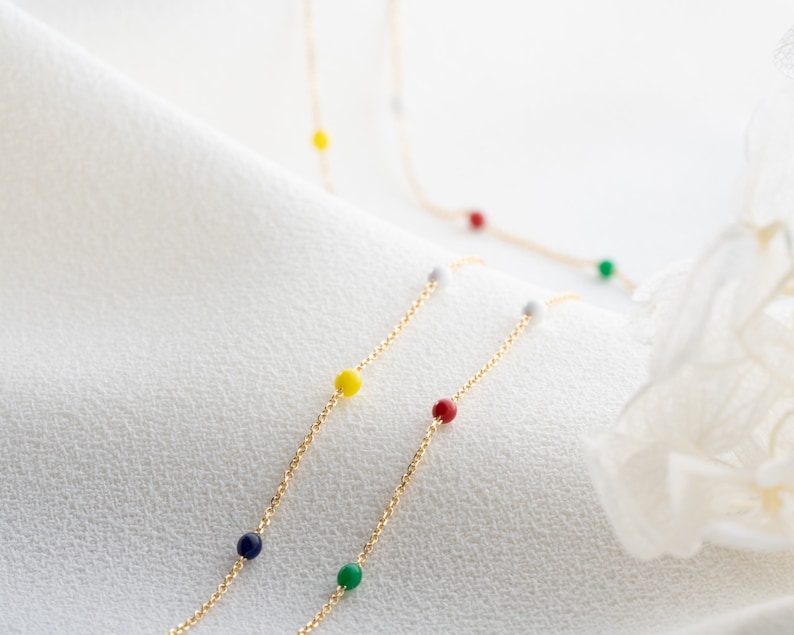 14K Solid Gold Multicolored Rainbow Necklace / Colourful Beaded Necklace / Dainty Chain Necklace / Minimalist Beaded Necklace / Gift for Her image 7