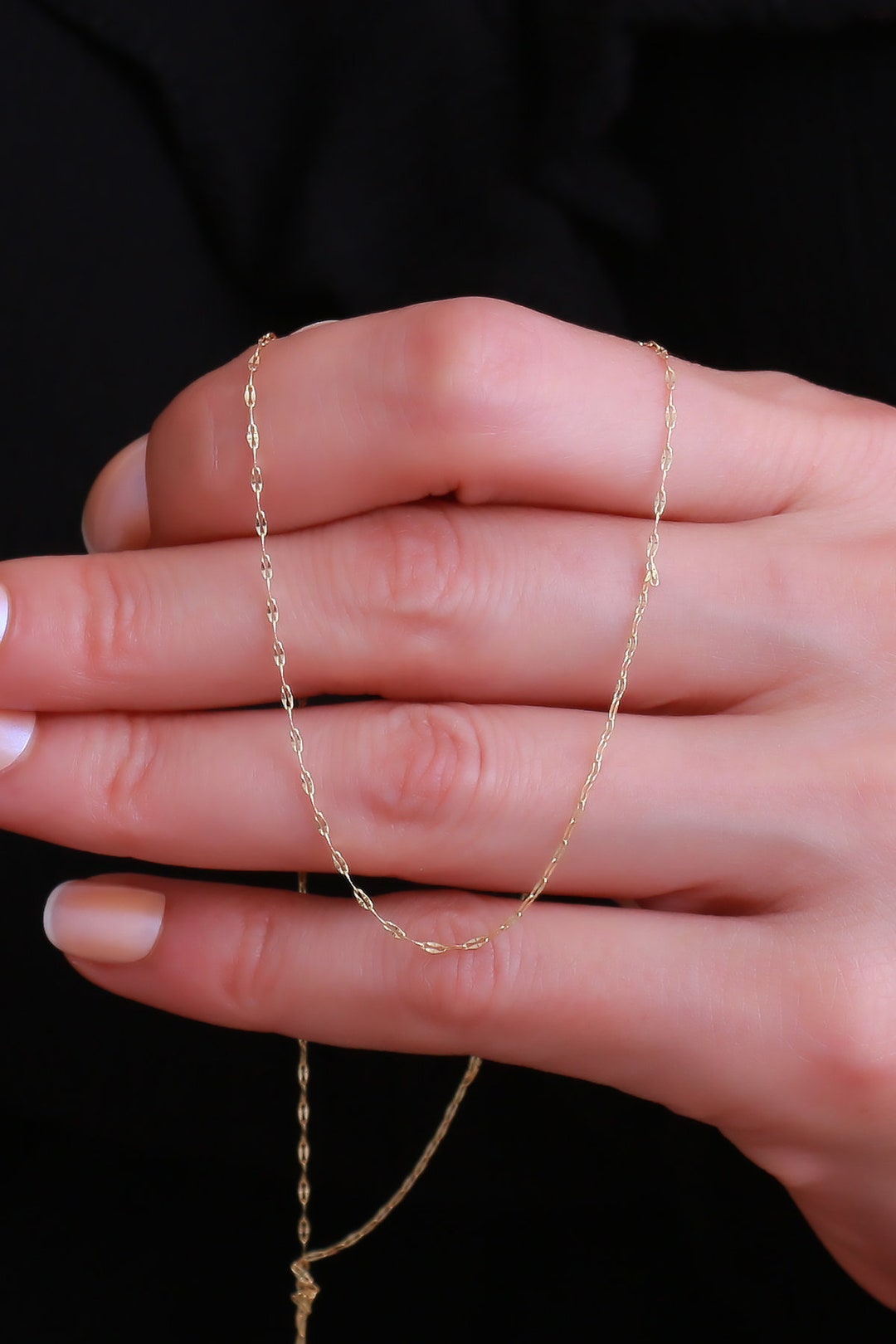 14K Solid Gold Medium Thick Mirror Chain Necklace / Glitter Chain