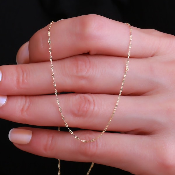 14K Solid Gold Medium Thick Mirror Chain Necklace / Glitter Chain Necklace / Dainty Medium Thick Mirror Chain Necklace