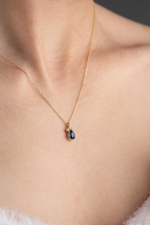 14K Solid Gold Drop Necklace Gold Blue Stone Necklace Blue Farmed Necklace Etsy