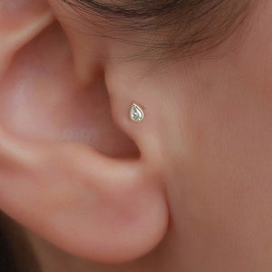 14K Solid Gold Drop Tragus Piercing / Minimalist Flat Back Helix Piercing / 16g Labret Stud /Cartilage Earings by Bayar Gold