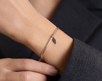 14K Gold Solid Gold Leaf Detail Flexible Bracelet/ Dainty Bracelet 3MM