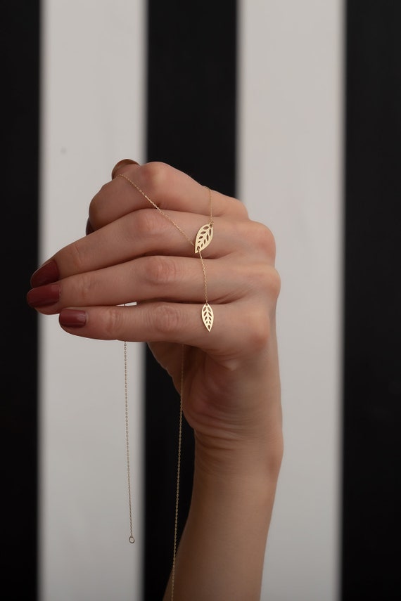 14K Solid Gold Double Leaf Necklace / Minimalist Designed Etsy