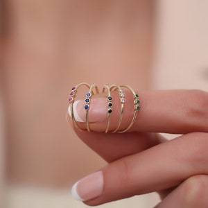 14k Solid Gold Colored Birthstone Ring / Minimalist Birthstone Thin Ring / Dainty Gemstone Stackable Ring / Gift for Mom by Bayar Gold