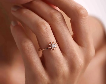 14K Solid Gold Sun Ring: Dainty Celestial Jewelry