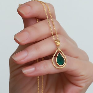 14K Solid Gold Green Framed Necklace / Rope Chain Necklace