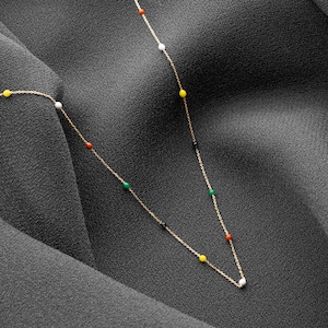 14K Solid Gold Multicolored Rainbow Necklace / Colourful Beaded Necklace / Dainty Chain Necklace / Minimalist Beaded Necklace / Gift for Her image 8