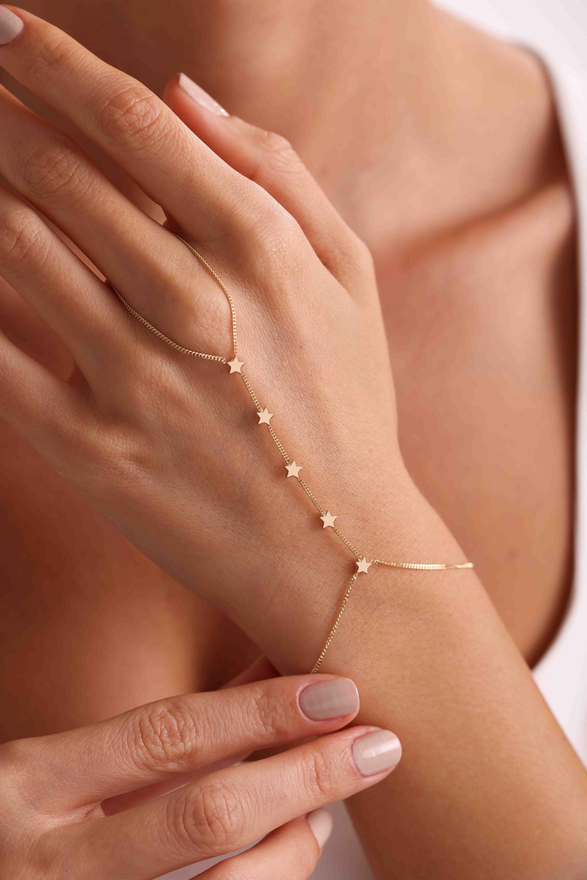 Star Hand Chain 14K Solid Gold Star Hand Chain Bracelet / Stars Finger Bracelet ...
