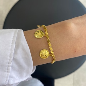 14K Solid Gold Ottoman Monogram Bracelet / Turkish Embossed  Coin  Bracelet / Ottoman Sign Pressed Disc Bracelet