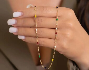14K Solid Gold Colorful Mirror Chain Necklace / Elegant Fine Jewelry for Women