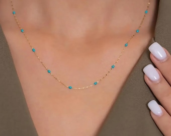 14K Solid Gold Turquoise Enamel Chain Necklace - Mirrored Design