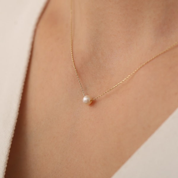 14K Solid Gold Dainty Pearl Necklace / Minimalist Pearl Necklace /Handmade Pearl Jewelry / Gift for Her / Mothers Day Gift