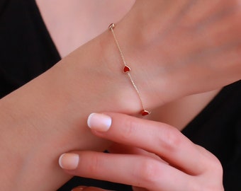 14K Solid Gold Sequential Heart Bracelet / Red Heart Bracelet / Dainty Heart Bracelet