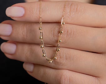 14K Solid Gold Paperclip Chain Ball Chain  Necklace/Rectangle Link Necklace/Minimalist Choker/+4 cm Extension