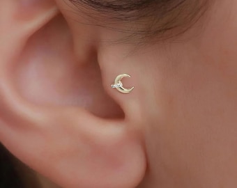 14K Solid Gold Crescent Tragus Piercing /Cartilage Earings by Bayar Gold