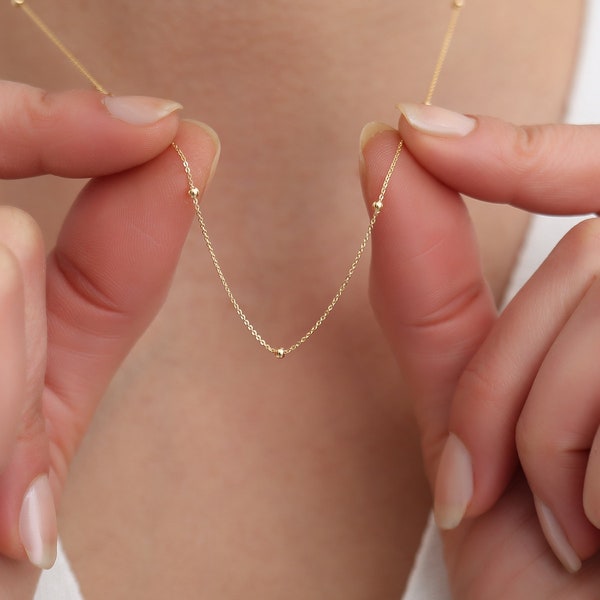 14K Solid Gold Zierliche Kugelkette / Minimalistische Halsketten für Frauen / Geschenk für Sie / Muttertagsgeschenk