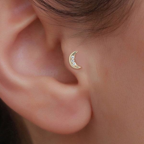 14K Solid Gold Crescent Tragus Piercing /Minimalist Flat Back Helix Piercing / 16g Labret Stud /Cartilage Earings by Bayar Gold