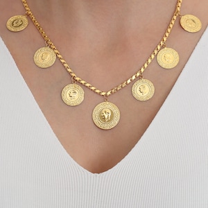 14K Solid Gold Monogram Necklace / Turkish Embossed Coin Necklace / Pressed Coin Neclace/14K Solid Gold Press Monogram Necklace