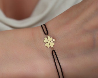 14K Solid Gold Tiny Clover String Bracelet