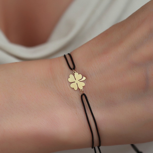 14K Solid Gold Tiny Clover String Bracelet