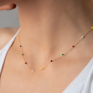 14K Solid Gold Multicolored Rainbow Necklace / Colourful Beaded Necklace / Dainty Chain Necklace / Minimalist Beaded Necklace / Gift for Her image 4