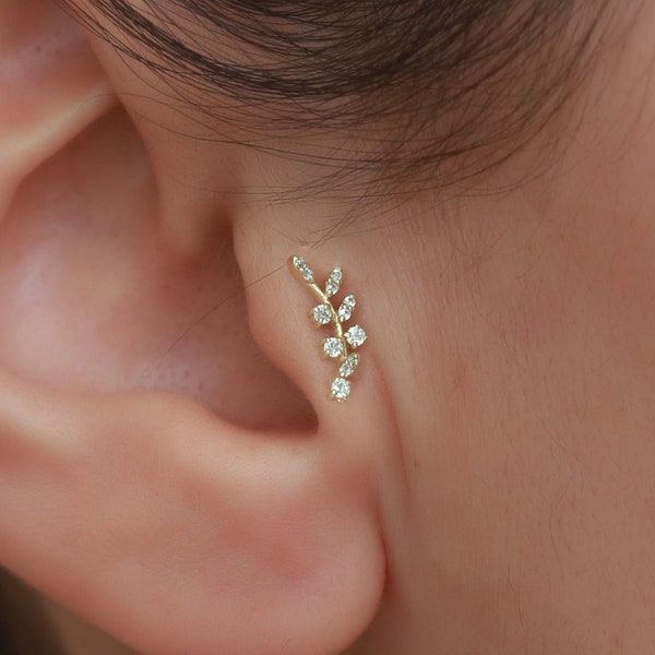 14K Solid Gold Leaf Stud Tragus Piercing / Handgefertigtes Helix Piercing / 16g Labret Stud / Knorpelohrringe von Bayar Gold