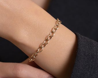 14K Solid Gold Dainty Oval Paperclip Chain Bracelet / Elongated Link Jewelry / Oval Link Bracelet