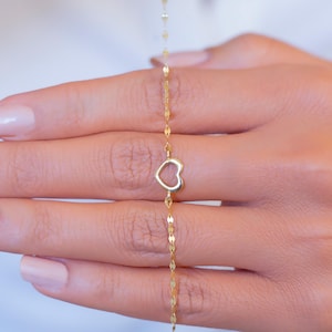 14K Solid Gold Mirrored Chain Delicate Heart Bracelet /14K Yellow Gold Heart Mirrored Link Chain Bracelet