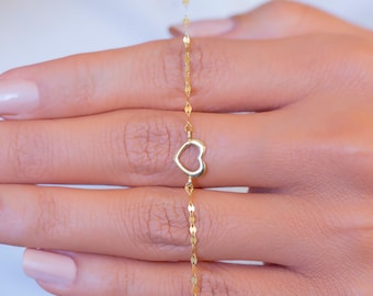 14K Solid Gold Herz Armband: Gespiegelte Gliederkette