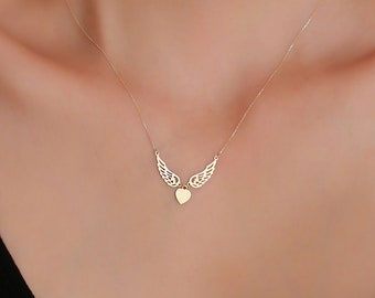 14K Solid Gold Angel's Wing Necklace / Minimal Designed Heart Necklace