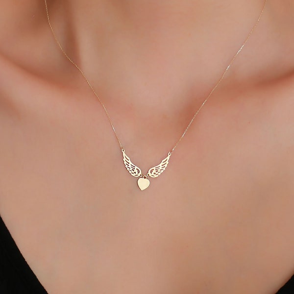 14K Solid Gold Angel's Wing Necklace / Minimal Designed Heart Necklace