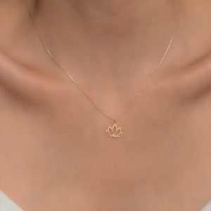 14K Solid Gold Tiny Lotus Necklace / Minimalist Designed Lotus Flower Necklace image 3