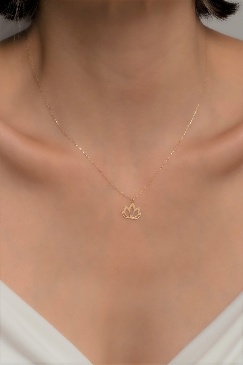 14K Solid Gold Tiny Lotus Necklace / Minimalist Designed Lotus Flower Necklace image 3