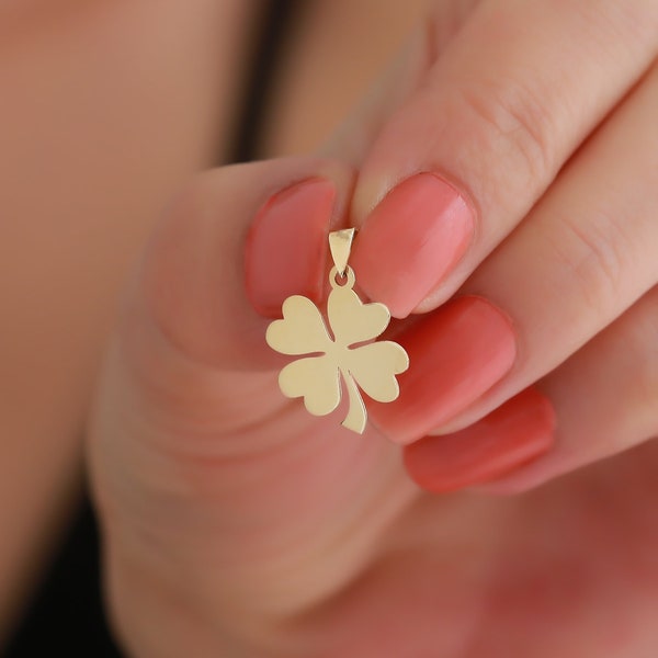 14K Solid Gold Four Leaf Clover Pendant