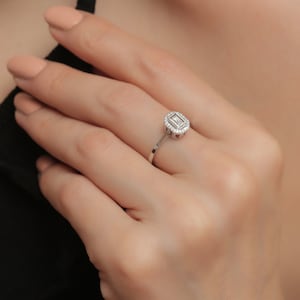 14K Solid Gold Baguette Diamond Ring / Rectangular Diamond Ring