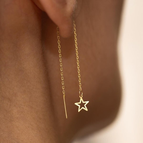 14K Solid Gold Soft Star Threader Earrings / Long Chain Threader Earrings
