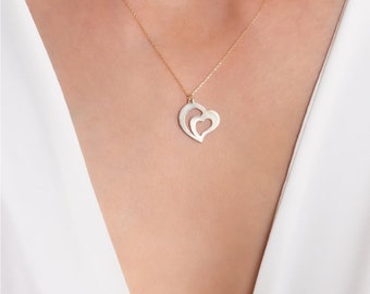 14K Solid Gold Soft Double Heart Necklace / Minimalist Design Necklace