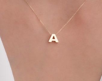 Collar delicado con inicial en oro macizo de 14 quilates / Collar con colgante de letra 3D / Collar con dije de letra personalizado / Regalo de cumpleaños minimalista / Collar para combinar con otros collares