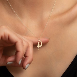 14K Solid Gold Cat and Moon Necklace