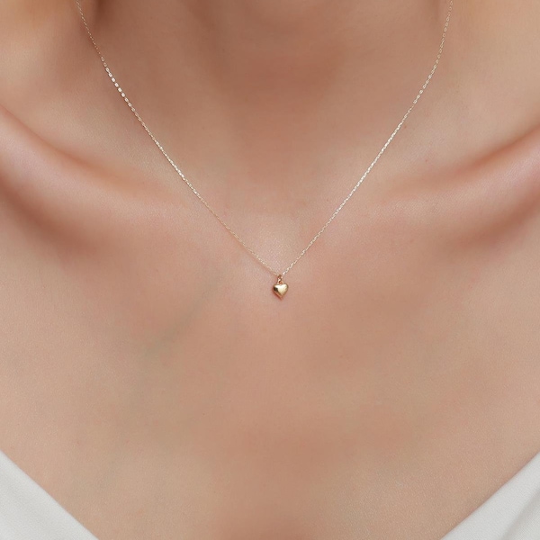 14K Solid Gold sierlijke hart ketting/minimalistisch ontwerp heilig hart hanger ketting/Valentijnsdag cadeau voor vrouwen/liefde ketting