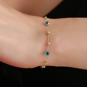 14K Solid Gold Dorica Beaded Chain Bracelet / Tiny Evil Eye Ball Bracelet