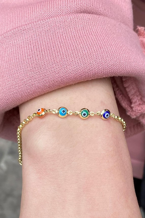 14K Gold Colorful Kids Bracelet / Evil Eye Beaded Bracelet